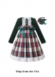 (USA ONLY)Christmas Deep Green Long Sleeve Plaid Dress + Handmade Headband