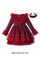 (USA ONLY)Vintage Autumn Red Tartan Garment Dyed Lace Boutique Kids Dress + Hand Headband
