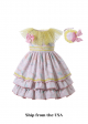 (USA ONLY)Pink Print Double-layered Bows Girls Yellow Dress + Headband