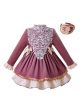 Lotus Pink Velvet Girls Autumn and Winter Lace Bow Dress