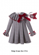 (USA ONLY)Grey Check Garment Dyed Double-layered Boutique Girls Vintage Dress With Red Bow + Hand Headband