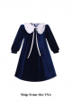 (USA ONLY)Navy Blue Velvet Vintage A-line Long Sleeves Dress