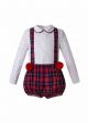 Party Boys Clothing Set White Polka Dot Shirt + Red Grid Strap Shorts