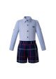 (Only Size 2Y&3Y) Blue Boys Button Kids Clothes Outfit Blue Shirt + Grid Shorts 