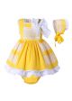 3 Pieces Babies Yellow Cotton Dress +Bloomers + Cute Bonnet                                                                                                           