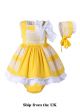 (UK ONLY)3 Pieces Babies Yellow Cotton Dress +Bloomers + Cute Bonnet