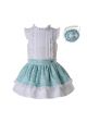 3 Pieces Summer Girl Clothing Set Mint Green Slubbed Cotton Blouse +Jacquard Skirt + Handmade Headband