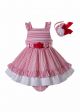 (ONLY 6-9M) Red Stripe Toddler Babies Summer Clothes Set + Bloomers + Bonnet