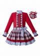 3 Pieces Girl Autumn Red Cut-Flower Cotton Top + Plaid Ruffle Skirt + Handmade Headband