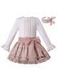 3 Pieces Girls Autumn Light Pink Cotton Top + Elegant Lace Skirt + Hand Headband