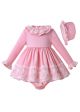 3 Pieces Babies Pink Knit Fluffy Autumn Birthday Party Lace Dress + Bloomers + Cute Bonnet