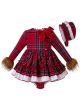 3 Pieces  Babies Faux Fur Sleeve Vintage Vestidos Plaid Elegant Princess Dress + Bloomers + Hat