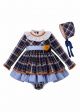 (Only Size 6-12M) 3 Pieces Babies   Blue Grid Autumn Dress + Bloomers + Hat