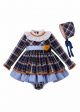 (Only Size 6-12M) 3 Pieces Babies   Blue Grid Autumn Dress + Bloomers + Hat