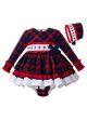 (PRE-ORDER)3 Pieces  Babies Princess Party Kids Red Grid Dress + Bloomers + Bonnet