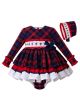 3 Pieces  Babies Princess Party Kids Red Grid Dress + Bloomers + Bonnet