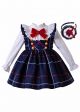 Bow Blue Grid Suspender Girl Dress + White Blouse + Hand Headband