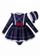 3 Pieces Autumn Babies Blue Ruffle Grid Bow Infant  Dress +  Bloomers + Bonnet