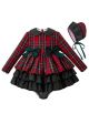 3 Pieces  Party Babies Red Grid Layered Boutique Outfits + Blackish Green Bloomers + Hat
