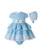 3 Pieces Baby Girls Blue Ruffled Layers Flowers ornament Dresss + Cute Bloomers + Hat