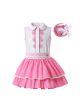Boutique Summer Girls Doll-Collar White Lace Shirt + Solid Pink Princess Skirt +Hand Headband