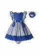 Baby Girls Blue & Cream Striped Dress + Handmade Headband