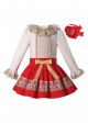 (USA ONLY)Double-layered Collar Cream Top + Red Skirt Girls Clothes Set with Handmade Headband