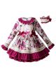 (Only 10Y)Flower Printed Girl Red Dress With Headwear