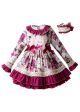 Flower Printed Girl Red Dress With Headwear