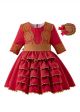 Girl Red Autumn Lace Ruffle Dresses With Headwear