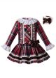 Wine Red Girls Cotton Grid Dress with Headwear Retro Style
