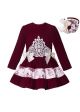 Girls Wine Red Lace Printed Dress + Headband