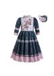 (ONLY 2Y) Wedding Communion Blue Small Floral Printed Dot Lace Lovely Long Dress With Headband