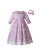 (ONLY 2Y) Wedding Party Lace Communion Pink Dot Flower Girl Long Dress With Headband