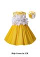 (UK ONLY)Girls White Flower Yellow Cotton Dress + Handmade Headband
