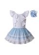 3 Pieces New Summer Girls Clothing Set With Headwear Sleeveless White Top+Blue Skirt Kids Outfit+ Handmade Headband