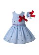 (Only 10Y)Light Blue Girls Ruffles England Style With Red Bow Layered Dress + Hand Headband