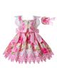 Girls Fly Sleeve Lace Flower Summer Dress with Cute Pink Bows + Handmade Headband