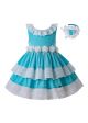 Girls Summer White Flower Blue Sleeveless Party Dress + Handmade Headband 