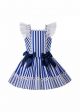 （ONLY 12Y）Girls Summer Deep Blue Cotton Flower Lace Stripe Princess Dress With Blue Bows