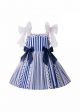 Girls Summer Blue Sling Flower Lace Stripe Princess Dress