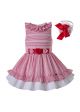 (Only Size 6Y) Summer Red Stripe Girls  Sleeveless With Cute Flowers Kids Dress + Handmade Headband  