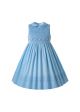 Vintage Blue Ruffled Turn-down Collar Smoked Dress 