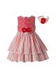 Red Striped Sweet Girls Pearls Ruffles Layered Dress With Flowers+ Hand Headband