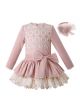 Light Pink Girls Autumn Dress With White Layered Lace + Hand Headband