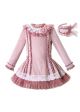 (ONLY 4Y 12Y)Lace Knitted Velour Fabric Pink Roses Girls Autumn Dress + Handmade Headband