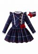 Girls Blue Grid with Bow Dress + Hand Headband