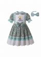 Green Pleat Printed Turn-down Collar Vintage Dress + Hand Headband