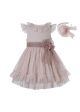 (Only Size 5&6Y) Beige Double-layered Floral Yarn Dyed Princess Boutique Girls Dress + Hand Headband