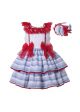 Summer Girls Plain Dyed Square Collar Layer Pary Princess Dress With Red Bows + Hand Headband